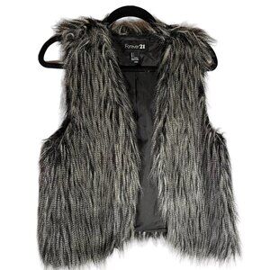 Forever 21 Black & Gray Faux Fur Vest – Open Front, Size Medium